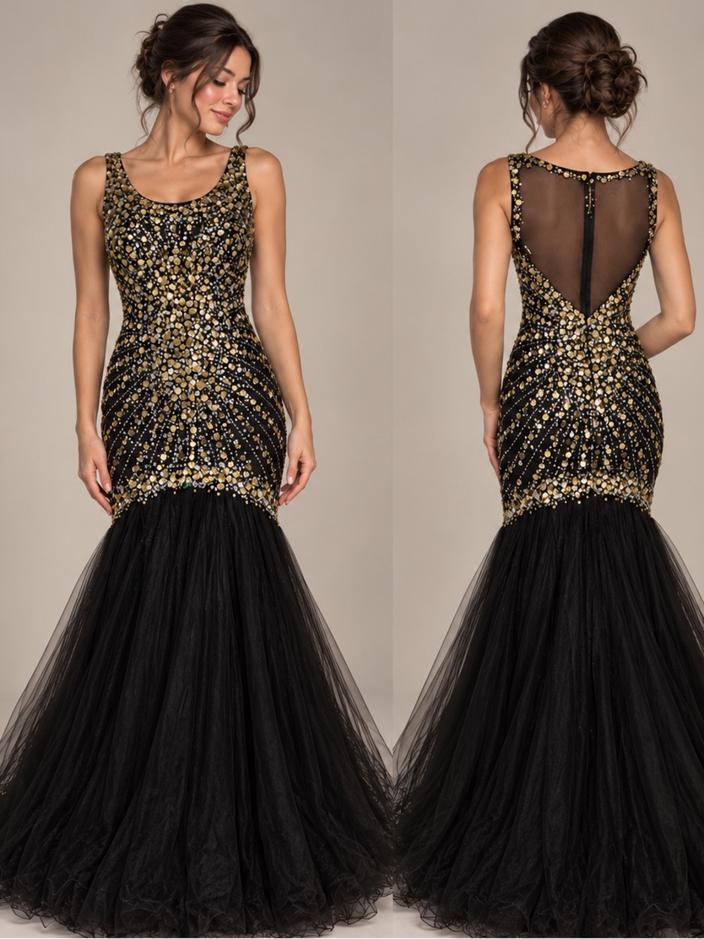 Jovani Black & Gold Sequin Mermaid Gown – Size 4